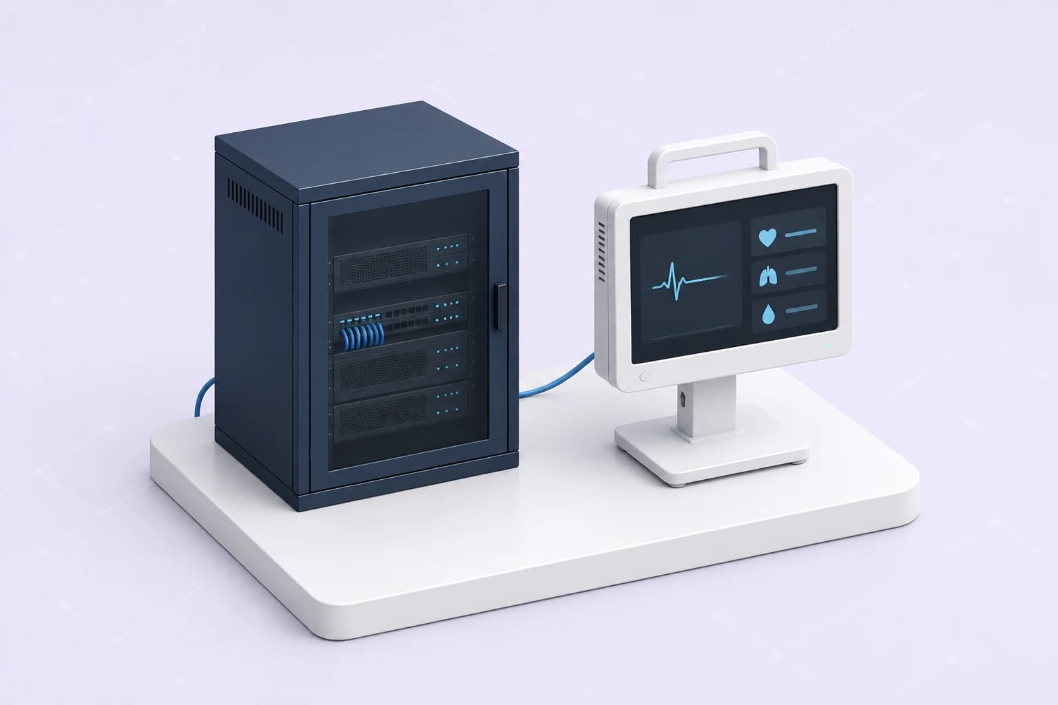 Isometric illustration of a compact network cabinet and clinical monitor together on a white platform.