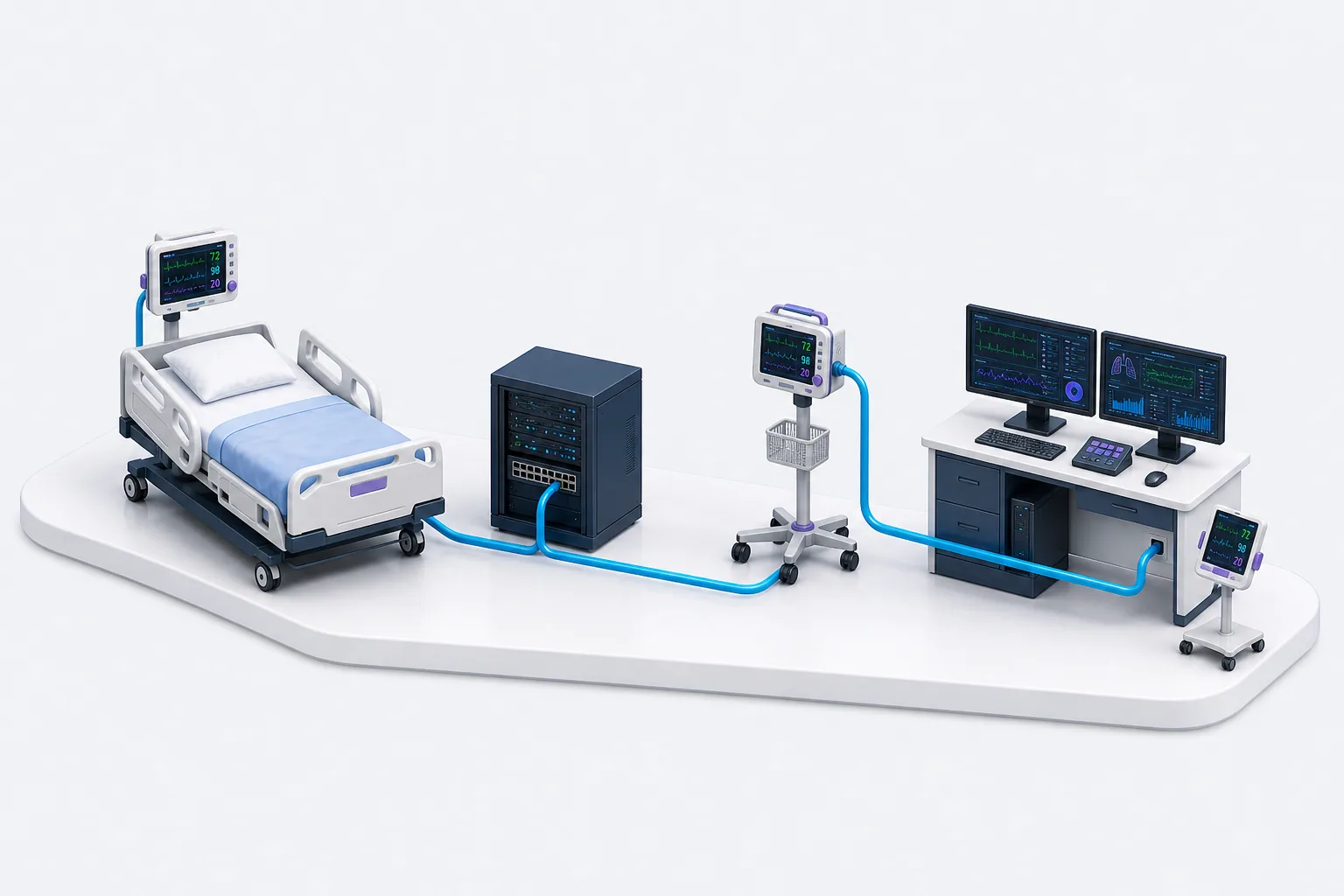 Illustration of clinical monitoring equipment connected to a workstation and network equipment